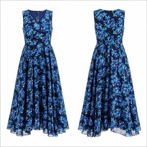 Jessica London Plus Size Maxi Dress Navy Floral Chiffon Sz 36W Sleeveless Tiered